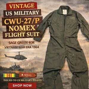 VTG  US military CWU-27/P Nomex flight suit sage green 40R Vietnam War Era 1964